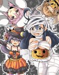  4girls :d :p ahoge akebono_(kantai_collection) alternate_costume animal_ears animal_hood arms_up bandaid_on_face black_hair blush breasts brown_eyes brown_hair fang hair_bobbles hair_ornament halloween hat hood jack-o&#039;-lantern kantai_collection large_breasts long_hair miyamaru multiple_girls mummy oboro_(kantai_collection) open_mouth pink_eyes pink_hair purple_hair sazanami_(kantai_collection) side_ponytail smile tongue tongue_out ushio_(kantai_collection) violet_eyes witch_hat wolf_ears 