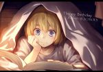  1boy armin_arlert bed_sheet blonde_hair blue_eyes blush book character_name dated hand_on_own_cheek happy_birthday heart kino25_n reading shingeki_no_kyojin short_hair smile solo under_covers 