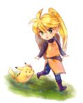  1girl blonde_hair boots chibi grass green_eyes hat long_hair pikachu pokemon pokemon_(creature) pokemon_special ponytail smile tachiuo_(arines) yellow_(pokemon) 
