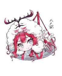  1girl baobhan_sith_(fate) baobhan_sith_(swimsuit_pretender)_(first_ascension)_(fate) blush cernunnos_(fate) character_hood chibi fate/grand_order fate_(series) gabiran grey_eyes headwear_with_attached_mittens looking_at_viewer lying on_stomach pink_hair platform_heels pointy_ears smile solo white_background 