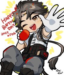  1boy absurdres animal_ears arknights artist_name blush commentary_request cow_boy cow_ears cow_tail dated english_text food fruit gloves grey_pants happy_birthday highres holding holding_food holding_fruit male_focus natori_nato one_eye_closed open_hand open_mouth pants shirt smile tail tomato wan_qing_(arknights) white_background white_gloves white_shirt 