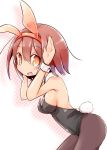  1girl alternate_costume animal_ears bare_shoulders black_legwear blush breasts brown_eyes brown_hair bunny_pose bunny_tail bunnysuit fake_animal_ears hairband kantai_collection looking_at_viewer maiku open_mouth pantyhose rabbit_ears shiratsuyu_(kantai_collection) short_hair sideboob solo tail wrist_cuffs 