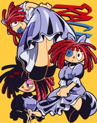  1girl :o absurdres blue_bow blue_dress bow button_eyes buttons closed_mouth dress hair_bow hashtag-only_commentary highres leaning_forward open_mouth partially_shaded_face puffy_short_sleeves puffy_sleeves ragatha_(the_amazing_digital_circus) red_hair short_sleeves sitting smile the_amazing_digital_circus triangle_nose vn35214 yellow_background 