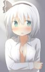  1girl aqua_eyes blush bust hairband holding_arm konpaku_youmu looking_away open_clothes open_shirt ran_(9ens2000) short_hair sketch small_breasts solo touhou white_hair 