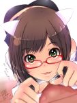  1girl :3 :d animal_ears ass bike_shorts blush brown_hair cat_ears dated fang fingernails glasses green_eyes highres idolmaster idolmaster_cinderella_girls looking_at_viewer lying maekawa_miku mistrail off_shoulder on_stomach open_mouth short_hair singnature smile solo translation_request 