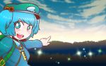  1girl backpack bag blue_eyes blue_hair blush bush clouds cloudy_sky dress forest hair_bobbles hair_ornament hat kawashiro_nitori key long_sleeves looking_at_viewer nature open_mouth pointing shirt short_hair skirt skirt_set sky smile solo sparkle touhou twintails yume_giwa 