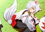  1girl animal_ears bare_shoulders blush detached_sleeves grass inubashiri_momiji midriff nature no_hat open_mouth orange_eyes pom_pom_(clothes) shield short_hair silver_hair solo sword tail touhou weapon wolf_ears wolf_tail 