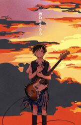  1girl absurdres bass_guitar black_hair black_socks black_sweater_vest blue_skirt cable clouds cloudy_sky collared_shirt commentary dress_shirt feet_out_of_frame fender_jazz_bass film_grain futsuu_no_keion-bu green_eyes guitar_strap hair_ornament hairpin half-closed_eyes highres instrument kouyama_rin light_smile looking_at_viewer orange_sky outdoors parted_bangs pixie_cut pleated_skirt rra_(yj) school_uniform shirt short_hair short_sleeves skirt sky socks solo standing summer_uniform sunset sweater_vest white_shirt wing_collar 