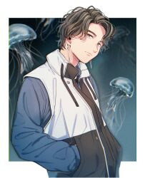 1boy aam09212 brown_hair closed_mouth earrings hands_in_pockets highres jellyfish jewelry kamen_rider kamen_rider_gavv_(series) lakia_amarga long_sleeves looking_at_viewer male_focus outside_border short_hair side_part solo upper_body