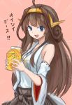  &gt;:d 1girl :d bare_shoulders blue_eyes brown_eyes brown_hair detached_sleeves double_bun emphasis_lines hairband headgear highres japanese_clothes juice_box kantai_collection kongou_(kantai_collection) looking_at_viewer nontraditional_miko okitsugu open_mouth simple_background smile solo translation_request 