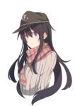  1girl akatsuki_(kantai_collection) anchor_symbol bust flat_cap hat highres kantai_collection long_hair looking_at_viewer plaid plaid_scarf purple_hair ribbed_sweater scarf simple_background solo sweater tsukamoto_minori violet_eyes white_background 
