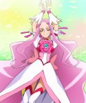  1girl arms_up cure_flower flower hanasaki_kaoruko haruyama_kazunori heart heartcatch_precure! long_hair magical_girl pink_eyes pink_hair precure rose smile solo very_long_hair wrist_cuffs 