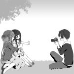  1boy 2girls asuna_(sao) camera casual grass halya kirito long_hair monochrome multiple_girls short_hair sword_art_online v yui_(sao) yuuki_asuna 