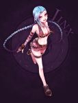  1girl :d bare_shoulders beancurd belt black_gloves blue_hair blush braid character_name elbow_gloves fingerless_gloves gloves highres jinx_(league_of_legends) league_of_legends leg_up long_hair looking_at_viewer midriff navel open_mouth short_sleeves small_breasts smile solo standing_on_one_leg thigh_strap twin_braids very_long_hair violet_eyes 