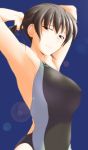  1girl amagami arms_up black_eyes black_hair blush breasts competition_swimsuit highres large_breasts long_hair looking_at_viewer one-piece_swimsuit ponytail sasaki_akira_(ugc) simple_background smile solo swimsuit tsukahara_hibiki 