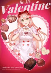  1girl :d absurdres arknights bow candy chocolate dress food gloves goldenglow_(arknights) goldenglow_(party_in_the_garden)_(arknights) hair_bow hair_ornament heart heart-shaped_chocolate heart-shaped_food heart_frame heart_hair_ornament heart_hands highres lolita_fashion long_hair looking_at_viewer official_alternate_costume open_mouth pink_hair plaid_bow puffy_short_sleeves puffy_sleeves red_background red_bow rimii_yuki short_sleeves smile solo sweet_lolita teeth upper_body upper_teeth_only valentine white_dress white_gloves yellow_eyes 