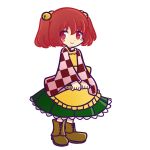  1girl apron bell blush blush_stickers boots brown_boots character_name checkered clothes_writing cross-laced_footwear full_body hair_bell hair_ornament hakama japanese_clothes jingle_bell kimono lace-up_boots long_sleeves looking_at_viewer motoori_kosuzu red_eyes redhead short_hair simple_background smile solo touhou twintails two_side_up white_background wide_sleeves 