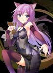  1girl 47agdragon animal_ears blush brown_legwear detached_sleeves dress highres impossible_clothes impossible_dress leg_up long_hair looking_at_viewer original purple_hair sketch smile solo thigh-highs violet_eyes 