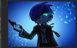  1boy art_program_in_frame blue_hair digital_media_player evoker gekkoukan_high_school_uniform glowing glowing_eyes gun holding holding_gun holding_weapon jjjjtaaaku male_focus persona persona_(summon) persona_3 school_uniform weapon yuuki_makoto_(persona_3) 