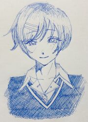  1girl ballpoint_pen_(medium) blue_theme blush bright_pupils closed_mouth collared_shirt dress_shirt futsuu_no_keion-bu hair_ornament hairpin hashtag-only_commentary highres kouyama_rin light_smile looking_at_viewer monochrome paper_texture pen_(medium) pixie_cut portrait shirt short_hair solo suu_(st62h) sweater_vest swept_bangs traditional_media white_pupils 