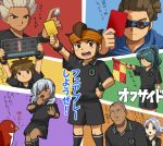  6+boys aqua_hair bird brown_hair coin endou_mamoru eyepatch flag fubuki_shirou goggles gouenji_shuuya hair_over_one_eye hairlocs hand_on_hip headband inazuma_eleven inazuma_eleven_(series) kazemaru_ichirouta kidou_yuuto lightning_bolt long_hair male mizuhara_aki multiple_boys open_mouth penalty_card penguin ponytail red_card referee sakuma_jirou short_hair soccer soccer_uniform someoka_ryuugo sportswear tachimukai_yuuki translation_request whistle yellow_card 