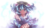  1girl blue_eyes blue_hair bust dress dual_wielding hair_bobbles hair_ornament hat hikage kawashiro_nitori long_sleeves looking_at_viewer serious shirt short_hair solo touhou twintails wrench 