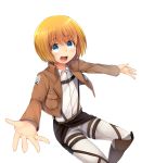  1boy :d armin_arlert belt blonde_hair blue_eyes blush boots buckle jacket long_sleeves marimo_danshaku military military_uniform open_mouth outstretched_arms shingeki_no_kyojin shiny shiny_hair short_hair smile solo spread_arms thigh_strap uniform 