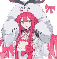  1girl baobhan_sith_(fate) baobhan_sith_(swimsuit_pretender)_(first_ascension)_(fate) cernunnos_(fate) character_hood fate/grand_order fate_(series) fur-trimmed_jacket fur_trim grey_eyes hands_up headwear_with_attached_mittens highres jacket long_hair looking_at_viewer nekwnek pink_hair pointy_ears sidelocks smile solo tongue upper_body white_jacket 