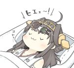  2girls :3 ahoge blanket brown_hair closed_eyes commentary_request detached_sleeves futon hair_bun hairband hiei_(kantai_collection) kantai_collection kongou_(kantai_collection) long_hair lying minigirl multiple_girls nontraditional_miko short_hair size_difference sleeping thigh-highs translation_request yuasan 