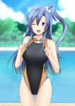  1girl ;d bare_shoulders blue_hair blush breasts competition_swimsuit covered_navel cowboy_shot goggles goggles_around_neck kazanari_tsubasa long_hair looking_at_viewer one-piece_swimsuit one_eye_closed open_mouth pool senki_zesshou_symphogear side_ponytail smile solo swimsuit violet_eyes 