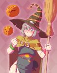  1girl broom cape fukusuke_hachi-gou green_eyes grey_hair halloween hat highres jack-o&#039;-lantern long_hair original pointy_ears witch witch_hat 