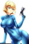  1girl blonde_hair blue_eyes bodysuit breasts deviantart_thumbnail gun highres large_breasts long_hair metroid nintendo ponytail ragecndy samus_aran skin_tight solo weapon zero_suit 