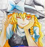  1girl ;) absurdres blonde_hair bow braid chin_rest hat hat_bow highres index_finger_raised kirisame_marisa long_hair one_eye_closed side_braid single_braid smile solo touhou witch_hat yagami_(mukage) yellow_eyes 