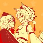  2girls animal_ears detached_sleeves hat inubashiri_momiji multiple_girls open_mouth pout red_eyes shameimaru_aya short_hair skirt smile tail tokin_hat touhou wolf_ears wolf_tail xkaishaku 