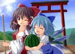 2girls :d ;d ^_^ blue_hair blush bow breasts brown_hair bust cirno closed_eyes clouds detached_sleeves food fruit hair_bow hair_tubes hakurei_reimu ice ice_wings kue lens_flare multiple_girls one_eye_closed open_mouth payot short_hair sky smile torii touhou watermelon wings 