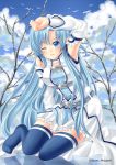  1girl ;d asuna_(sao-alo) blue_eyes blue_hair blue_legwear detached_sleeves long_hair looking_at_viewer no_shoes one_eye_closed open_mouth pointy_ears reflection sitting sky smile solo sword_art_online thigh-highs villyane zettai_ryouiki 