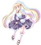  1girl alternate_eye_color alternate_hair_color blonde_hair detached_sleeves long_hair looking_at_viewer maid maid_headdress myucel_foalan open_mouth outbreak_company pointy_ears skirt skirt_lift solo twintails villyane violet_eyes white_legwear 
