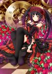  1girl black_hair black_legwear clock date_a_live flower frilled_collar from_below garter_straps gears gothic_lolita grin hairband heterochromia highres lolita_fashion lolita_hairband looking_at_viewer rose smile solo tokisaki_kurumi twintails villyane 