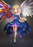  1girl angel angel_wings asymmetrical_wings blonde_hair borrowed_character cassie_(acerailgun) cyborg feathers flat_chest full_body grey_eyes highres jewelry kriss_sison mechanical_arm mechanical_wings original pendant smile solo standing standing_on_one_leg standing_on_water wings 