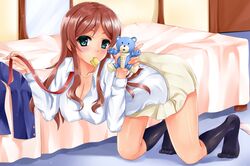  1girl beargguy_f bed blazer breasts brown_hair cleavage green_eyes gundam gundam_build_fighters gundam_build_fighters_try gunpla highres jewelry kamiki_mirai large_breasts mouth_hold necklace school_uniform socks solo wayway 