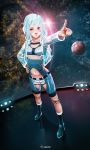  1girl alpha_(acerailgun) artist_name blue_hair borrowed_character doll_joints flat_chest full_body hand_on_hip jacket lens_flare long_hair navel original pink_eyes planet pointing robot_girl roguetwo solo space standing 