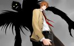  2boys book brown_eyes death_note death_note_(object) evil_grin evil_smile formal glowing glowing_eyes grey_background grin holding holding_book kriss_sison male multiple_boys necktie orange_hair ryuk sharp_teeth short_hair silhouette smile suit yagami_light yellow_eyes 