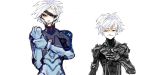  2boys cosplay costume_switch crossover cyborg_ninja eyepatch metal_gear_(series) metal_gear_rising:_revengeance multiple_boys nagisa_kaworu neon_genesis_evangelion oekaki plugsuit raiden red_eyes silver_hair white_hair womu 