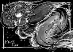  1girl animal_ears head_fins japanese_clothes kimono long_sleeves mermaid monochrome monster_girl obi sash short_hair sketch solo touhou wakasagihime wide_sleeves yt_(wai-tei) 