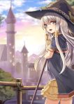  1girl blue_eyes capelet clouds cowboy_shot hair_tubes hat long_hair looking_at_viewer miya_(tokumei) open_mouth payot silver_hair skirt sky solo tower witch_hat 