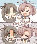  &gt;:) &gt;_&lt; 2girls ahoge ayanami_(kantai_collection) brown_hair chibi green_eyes kantai_collection kata_meguma kinugasa_(kantai_collection) multiple_girls purple_hair school_uniform serafuku side_ponytail sneezing translation_request twintails 