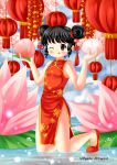  1girl ;q black_eyes black_hair carrying china_dress chinese_clothes double_bun dumpling flower in_water kneeling lampion looking_at_viewer lotus one_eye_closed original shoes solo tongue tongue_out villyane 
