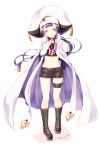  1girl ^_^ bell boots bow cape closed_eyes facial_mark hat highres long_hair looking_at_viewer navel original ponytail purple_hair ribbon sakuragi_ren shorts simple_background smile solo white_background 