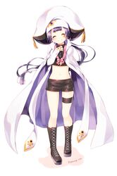  1girl ^_^ bell boots bow cape closed_eyes facial_mark hat highres long_hair looking_at_viewer navel original ponytail purple_hair ribbon sakuragi_ren shorts simple_background smile solo white_background 