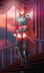  1girl armor artist_name blue_eyes borrowed_character breasts curtains erica_(acerailgun) full_body greaves hand_on_hip horns long_hair long_sleeves original redhead roguetwo shoulder_pads smile solo stairs very_long_hair walking window 